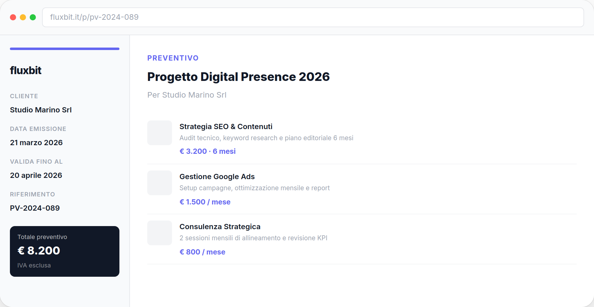 Fluxbit Preventivo pubblico — landing page condivisibile